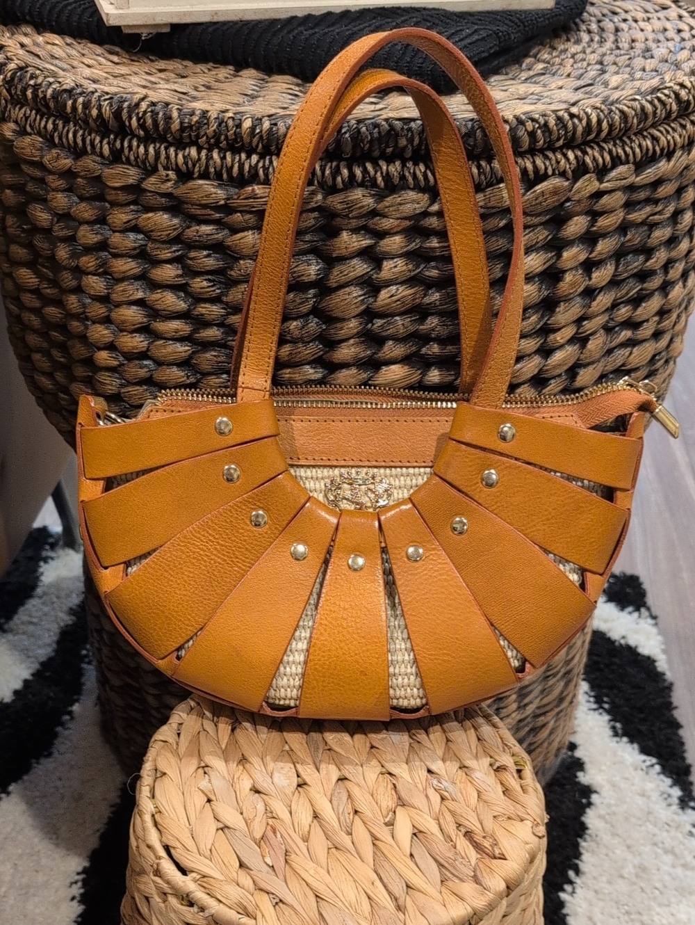 Pratesi Firenze Leather and Woven Panel Shoulder Bag